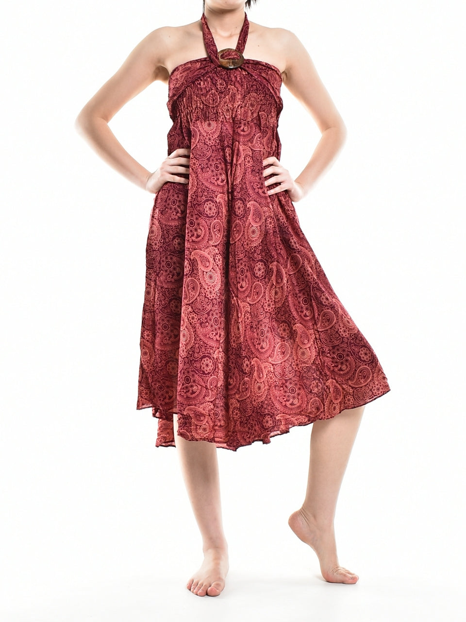 Bohotusk Red Orbit Long Skirt featuring a coconut buckle, showcasing its flowing design and elasticated smocked waist.